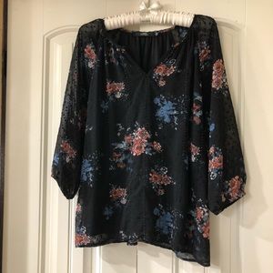 BKE Boutique 3/4 Blouse Sheer Black Floral Design